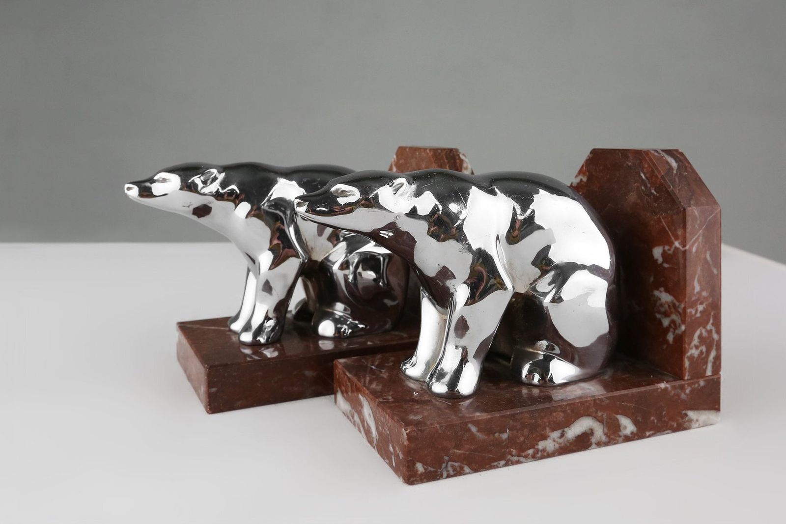Art Deco Marble And Metal Bear Bookends, France, 1930s, Set Of 2 photo buy