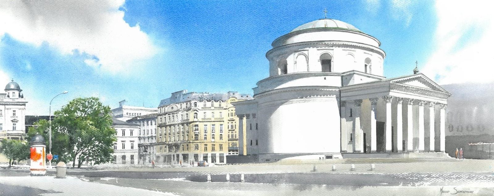 Michal Suffczynskithree Crosses Square   Warsaw Large Architectural Cityscape Watercolor2022
