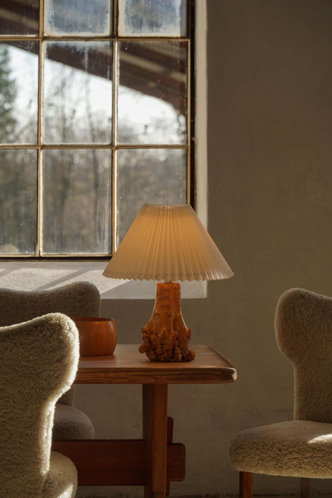 photo for sale Scandinavian Modern, Carved Wooden Table Lamp With Engraved Inscription, 1972