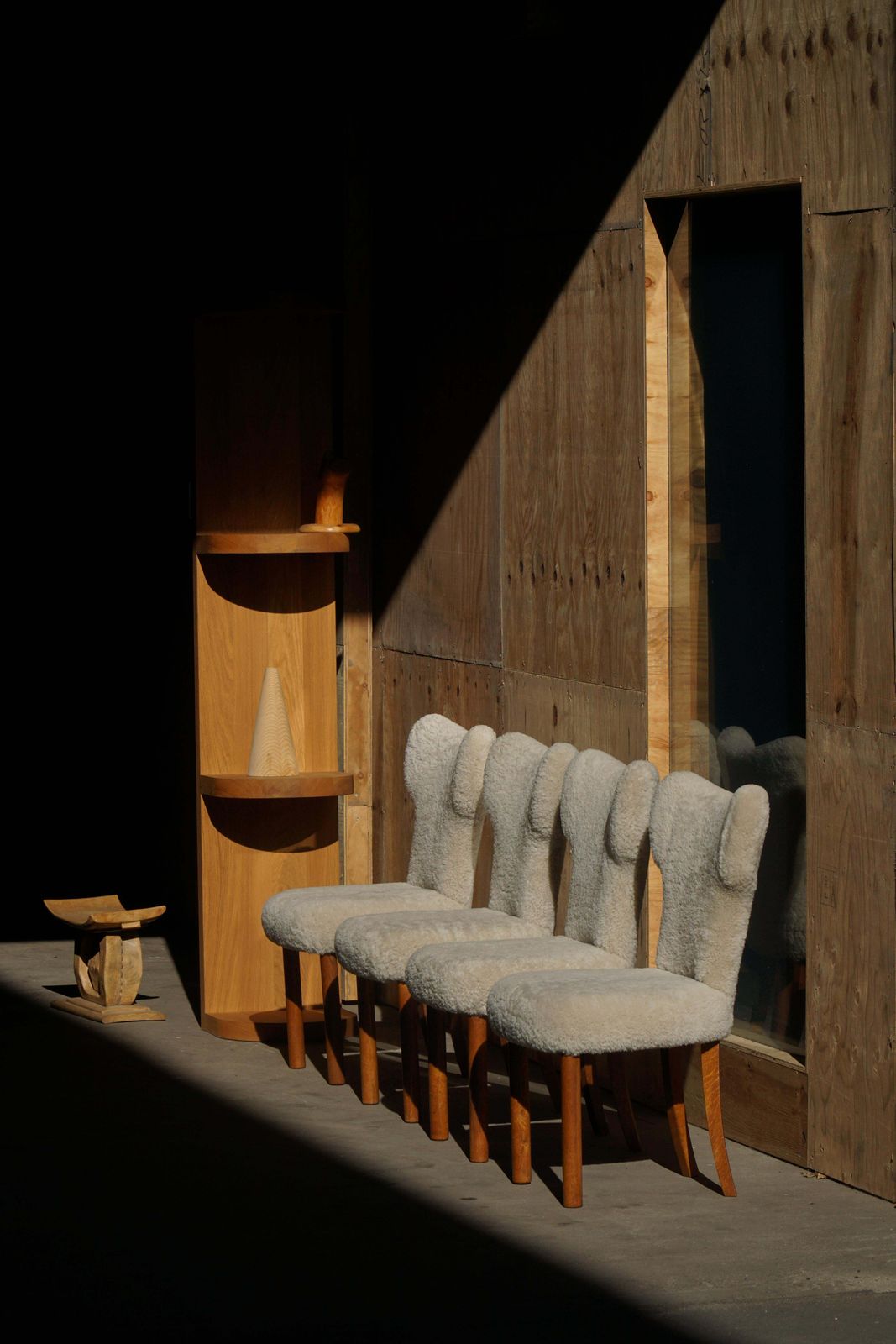 Set Of 4 Danish Modern Dining Chairs In Lambswool & Oak, Viggo Boesen, 1950s photo for sale