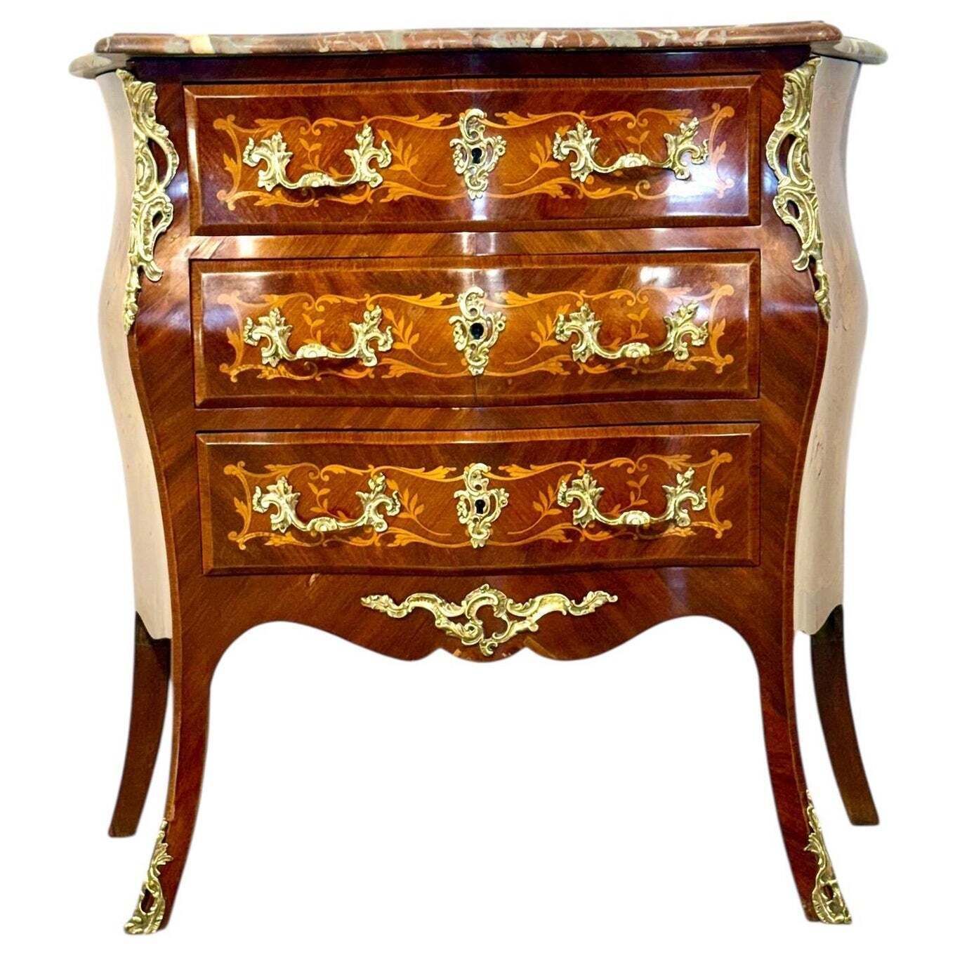 19th Century French Louis XV Style Marquetry Commode With Breccia Marble Top