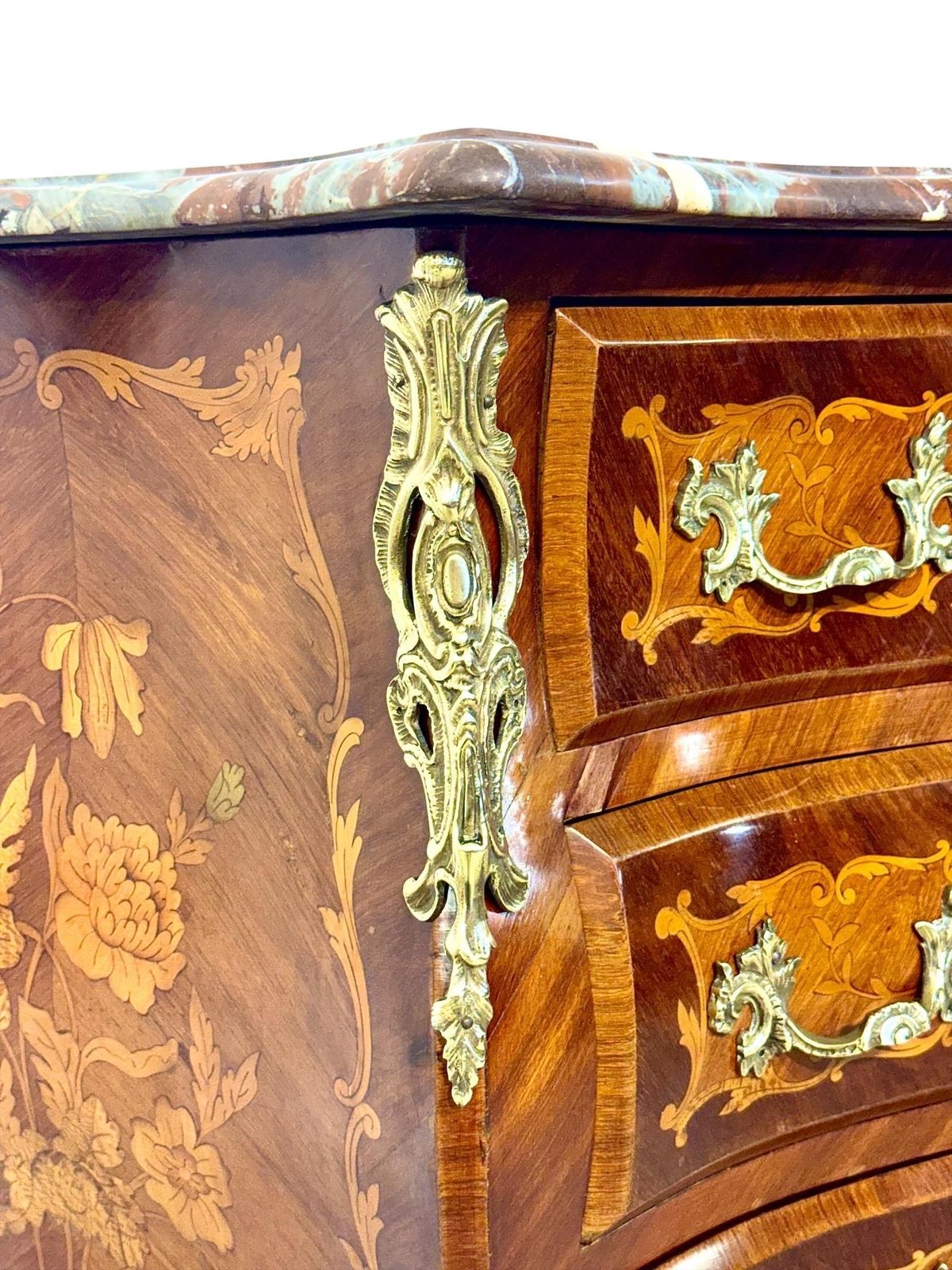 19th Century French Louis XV Style Marquetry Commode With Breccia Marble Top photo vinterior