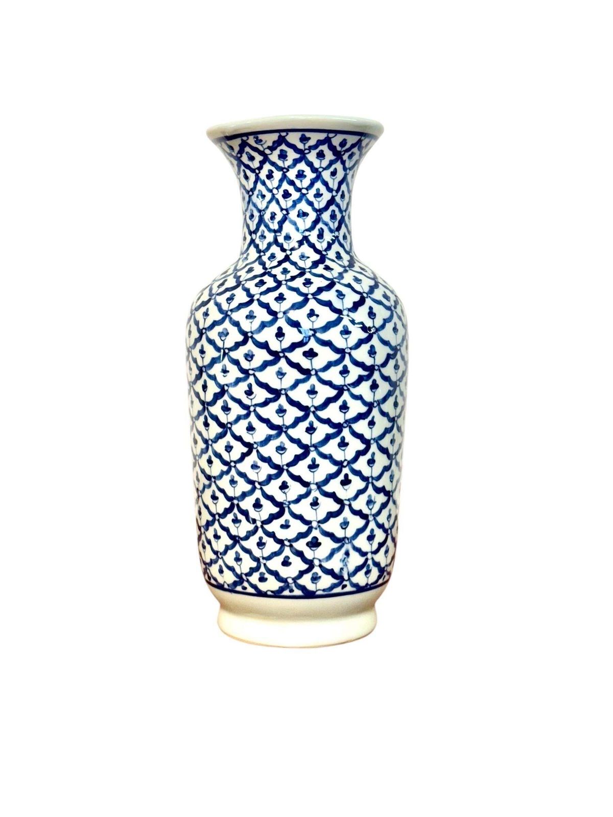 Home Decor Mid 20th Century Blue And White Porcelain Vase, Floral Lattice Design photo