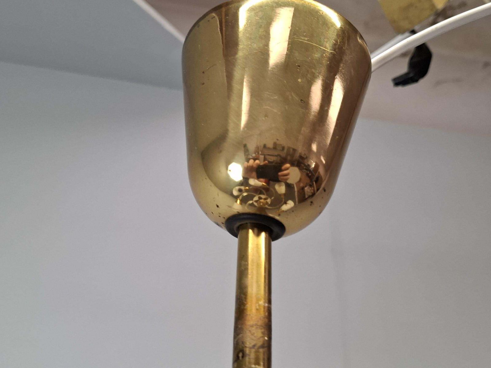 photo for sale Mid Century Czech Brass And Milk Glass Six Light Chandelier, 1960s