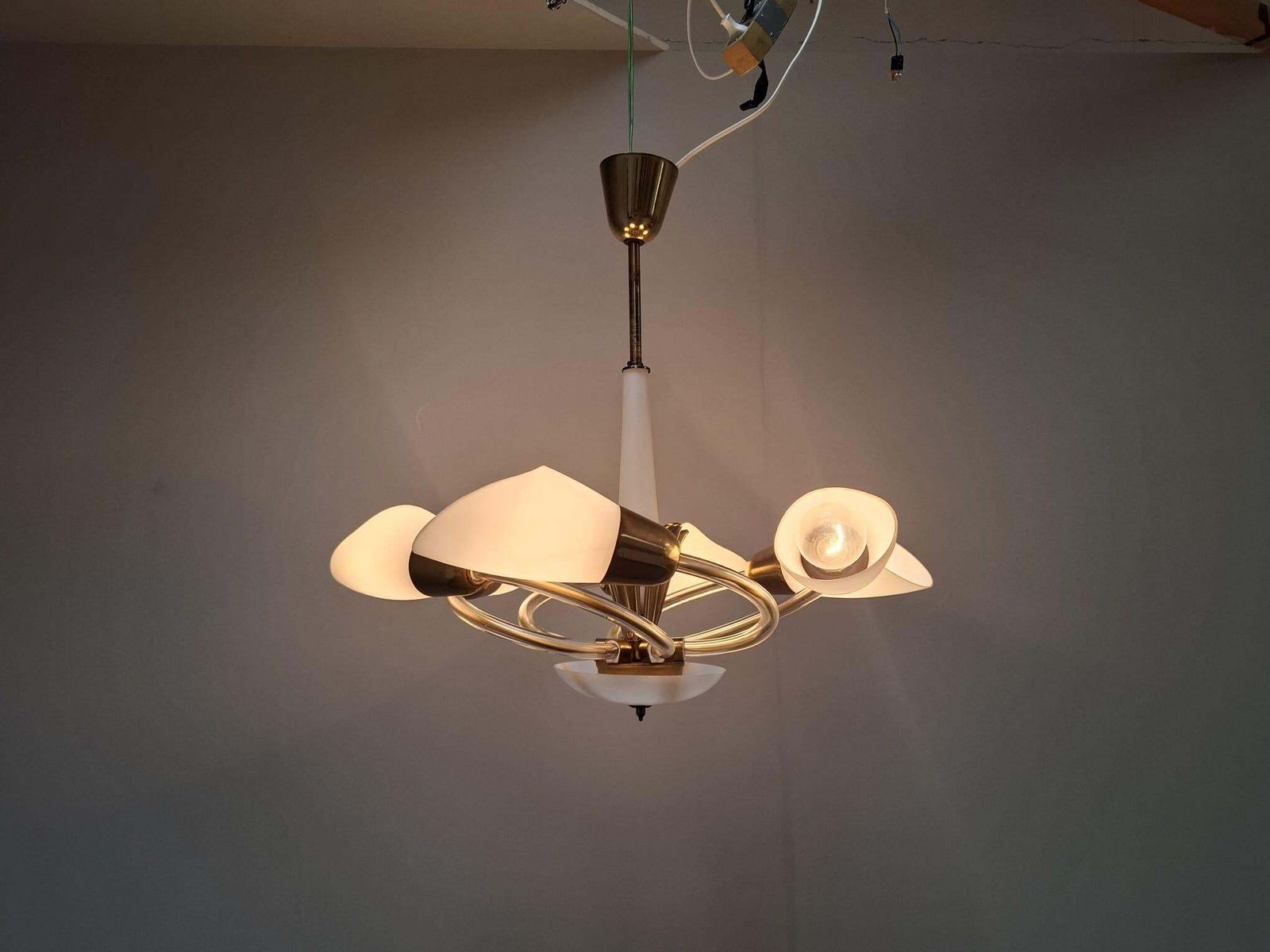 photo buy Mid Century Czech Brass And Milk Glass Six Light Chandelier, 1960s