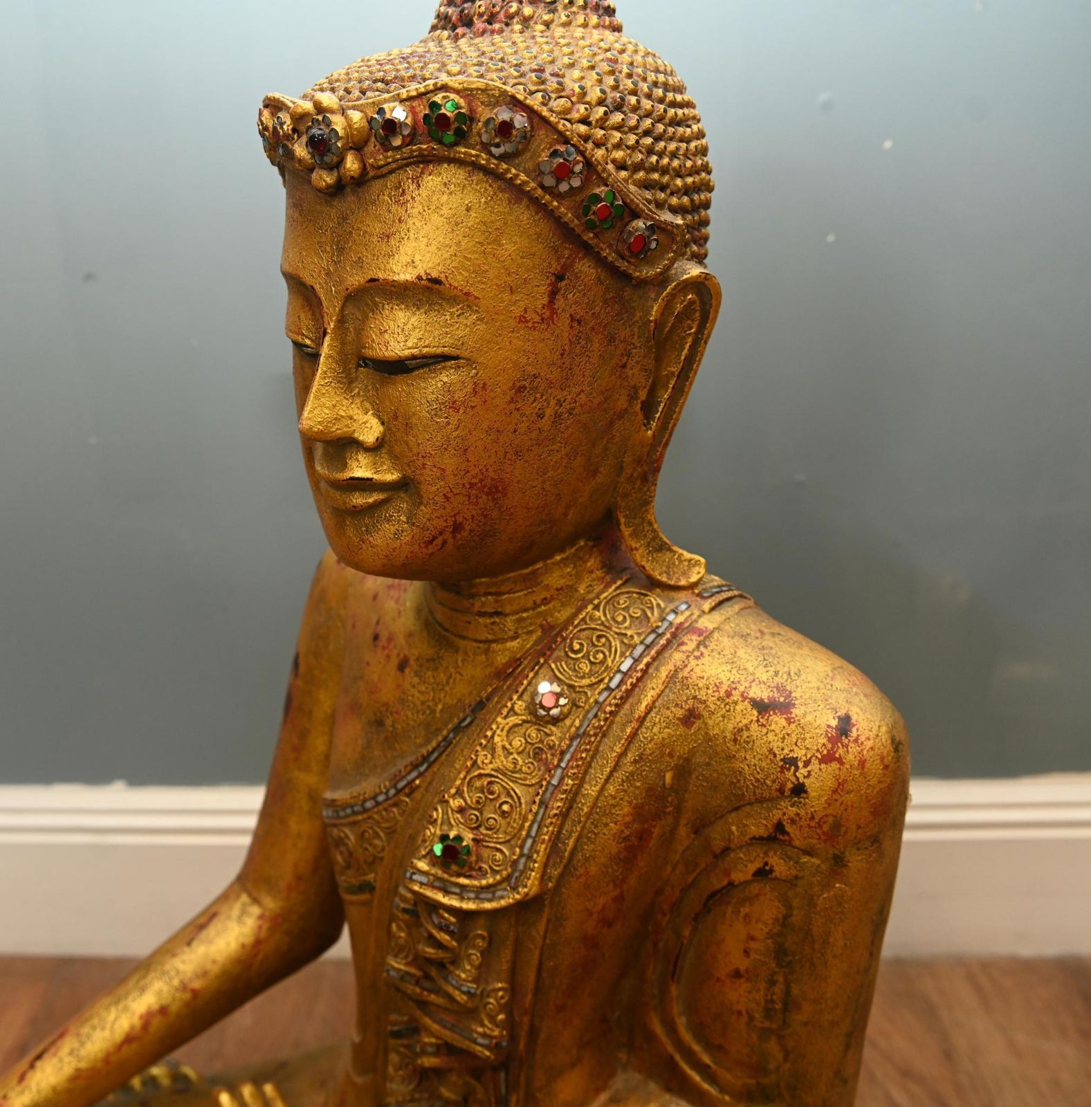 photo for sale Carved Burmese Buddhist Statue Lotus Buddha Carving Myanmar