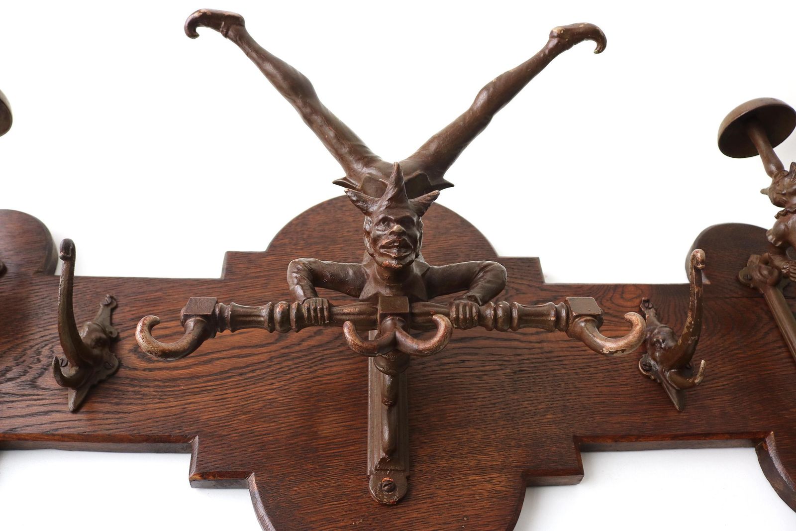 Unique Victorian Oak Wall Coat Rack With Cast Iron Jester & Elephant Hooks – Antique Figural Hall Rack – Decorative Entryway Storage photo vintage