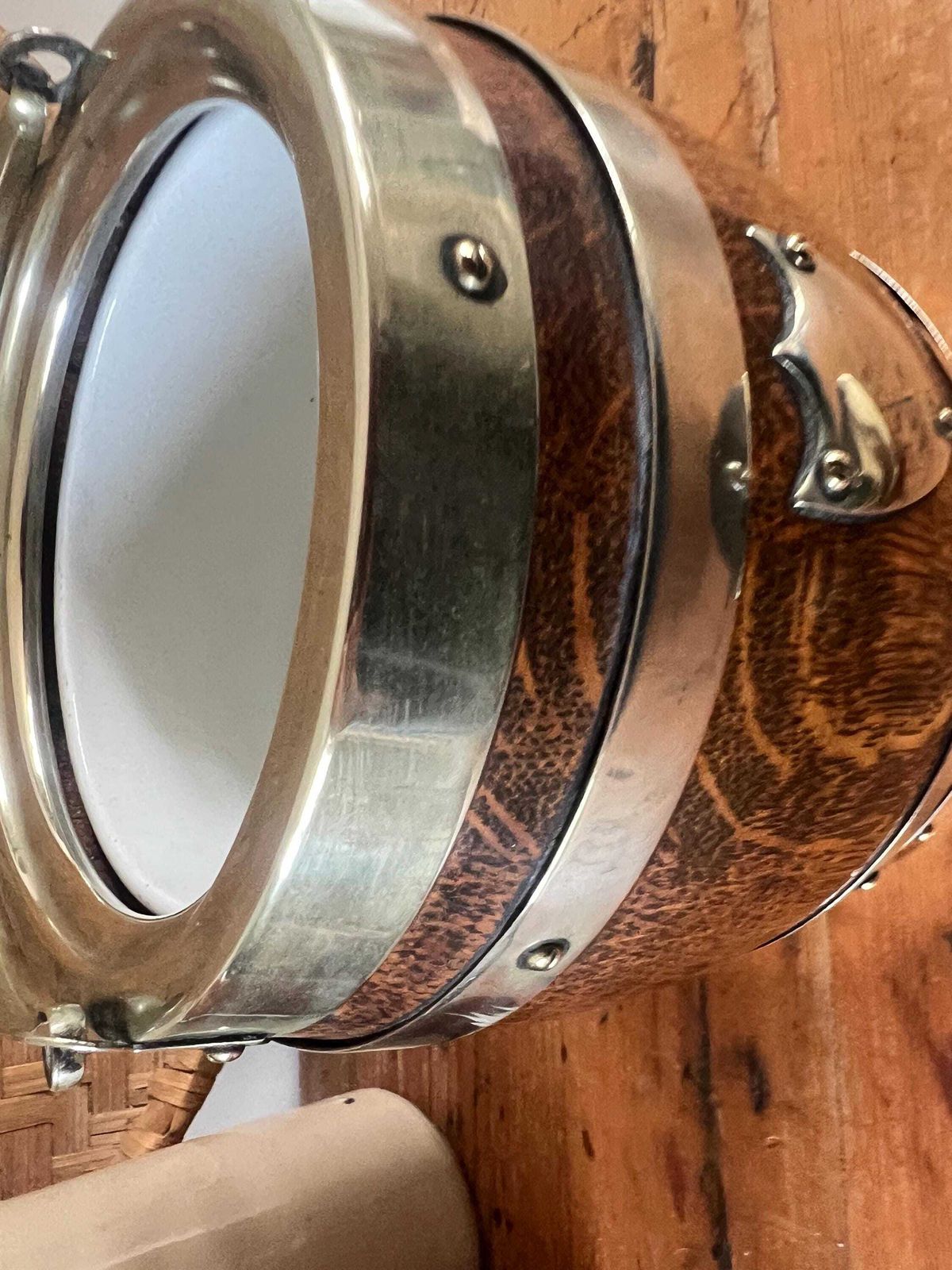 photo furniture Vintage Oak Silver Plate Biscuit Barrel With Shield | Antique Wooden Ice Bucket | Rustic English Country Farmhouse Decor