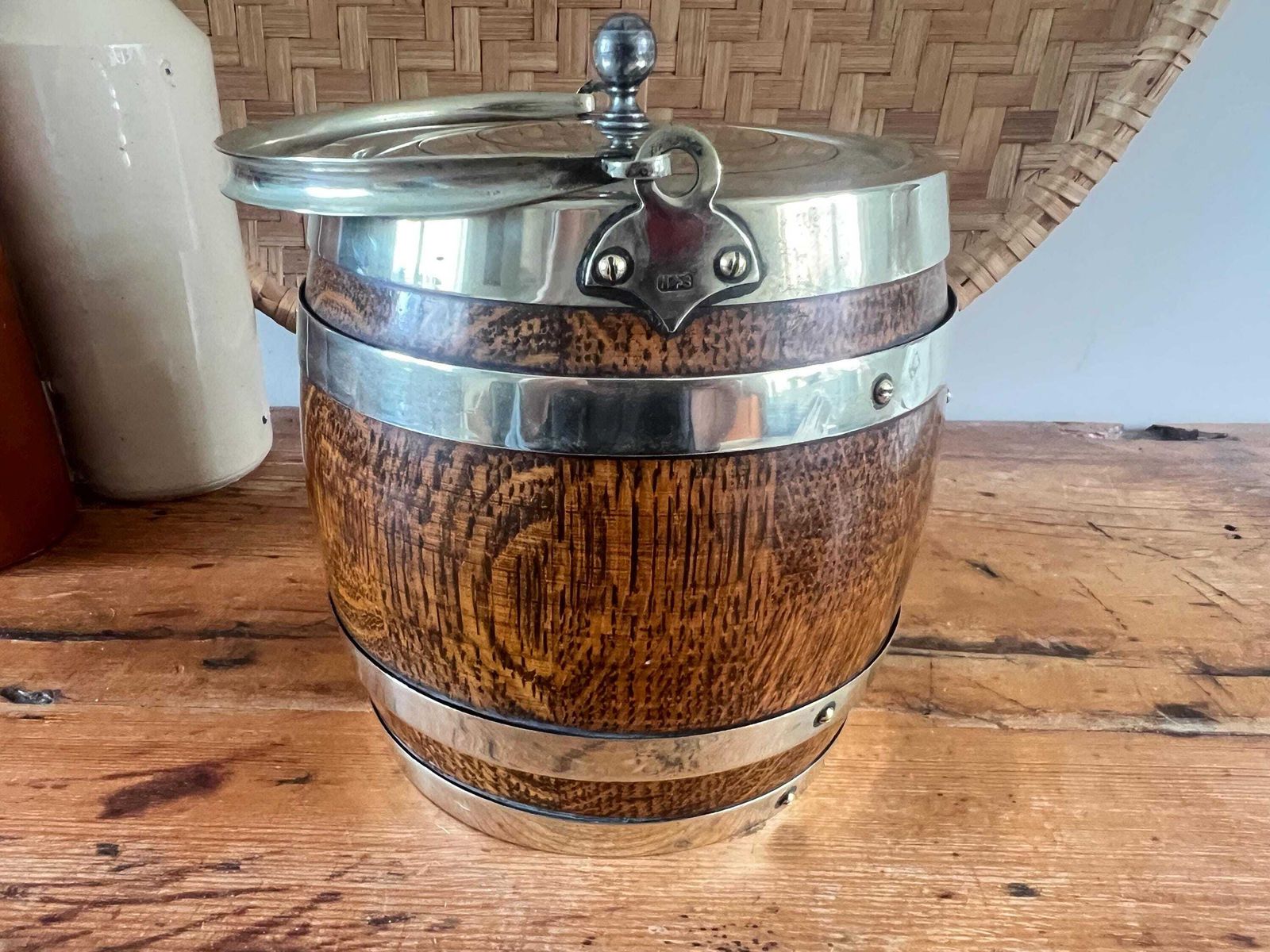 Home Decor Vintage Oak Silver Plate Biscuit Barrel With Shield | Antique Wooden Ice Bucket | Rustic English Country Farmhouse Decor photo