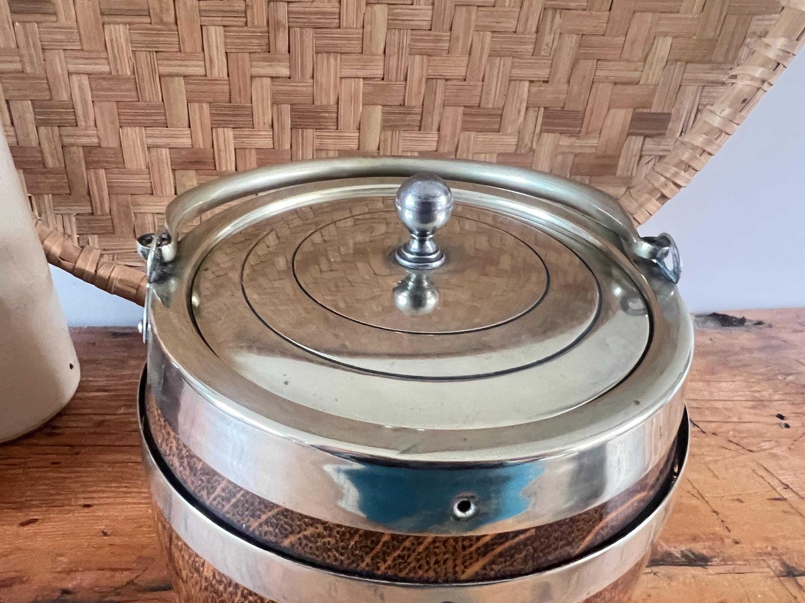 photo vintage Vintage Oak Silver Plate Biscuit Barrel With Shield | Antique Wooden Ice Bucket | Rustic English Country Farmhouse Decor