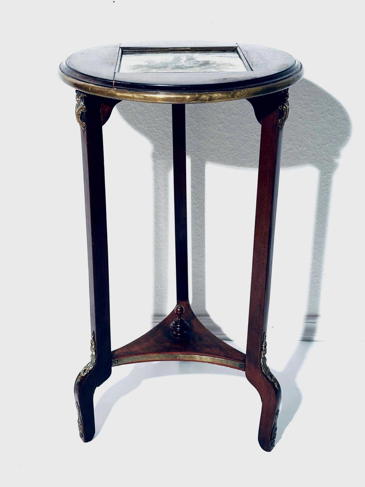 Antique Round Louis XVI Wooden Flower Table Jardiniere With Ceramic Tile Tree Motif / 1890s France photo furniture