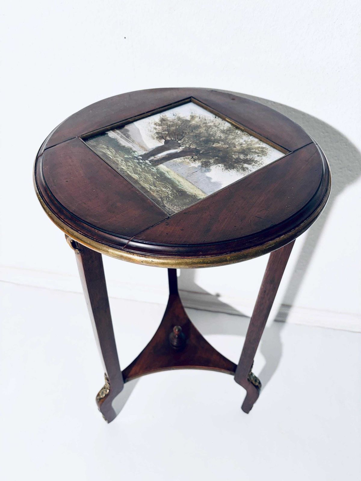 Antique Round Louis XVI Wooden Flower Table Jardiniere With Ceramic Tile Tree Motif / 1890s France photo for sale