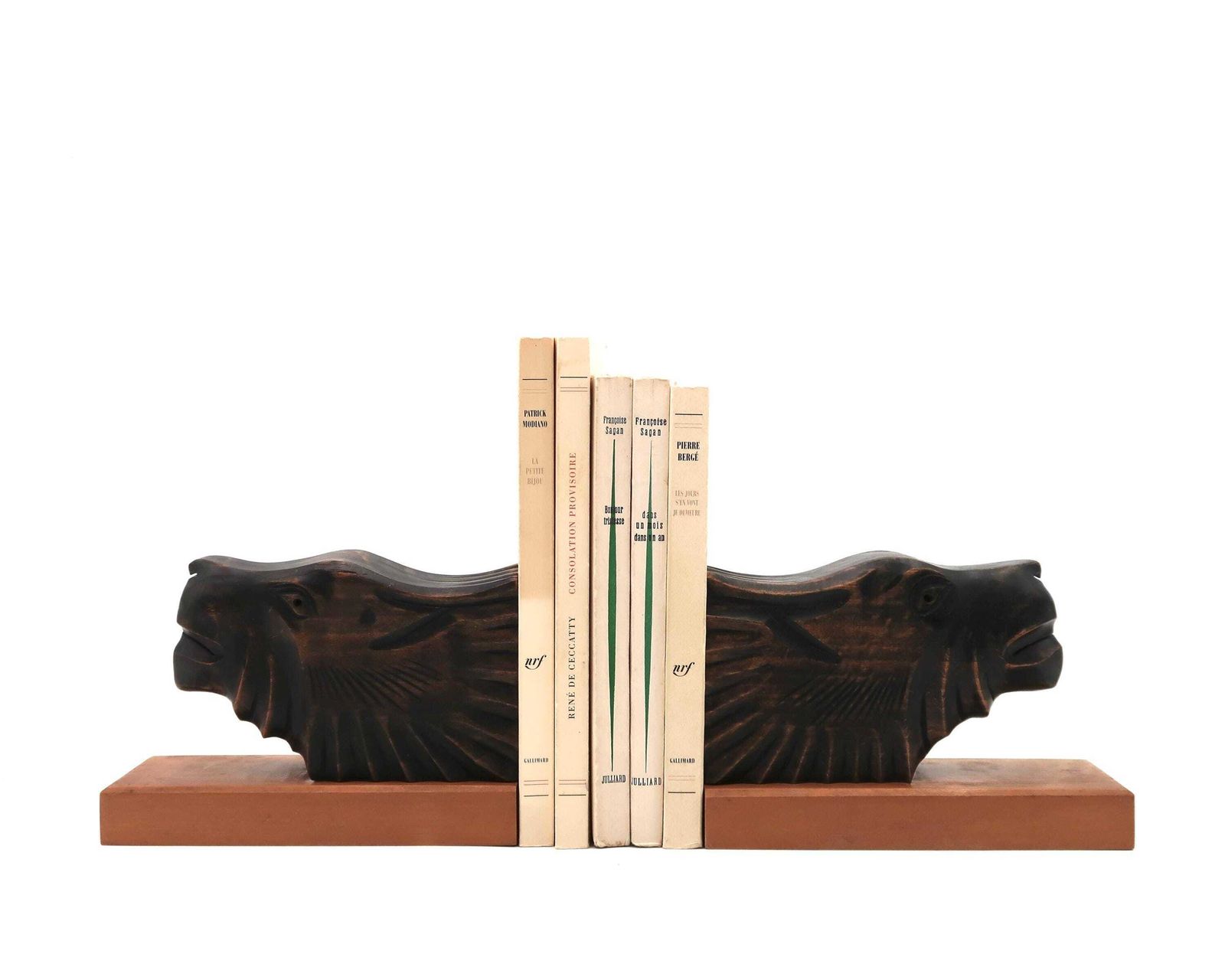 Franse Art Deco Boekensteun In Gesneden Hout, Katachtige Koppen / Sculptuur, Kunst, Boekensteun, Dier, Woondecoratie photo for sale
