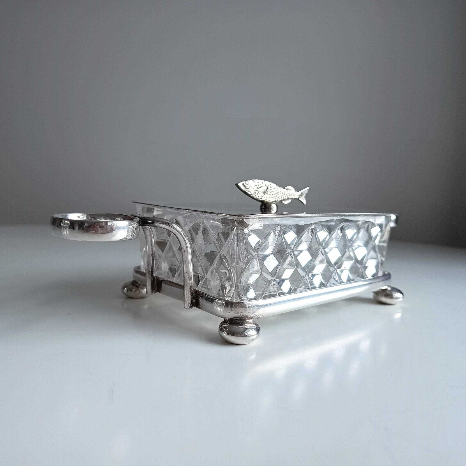 Antique English Novelty Silver Plated Cut Glass Sardine Serving Dish: Zoomorphic Finial, 1890 photo for sale