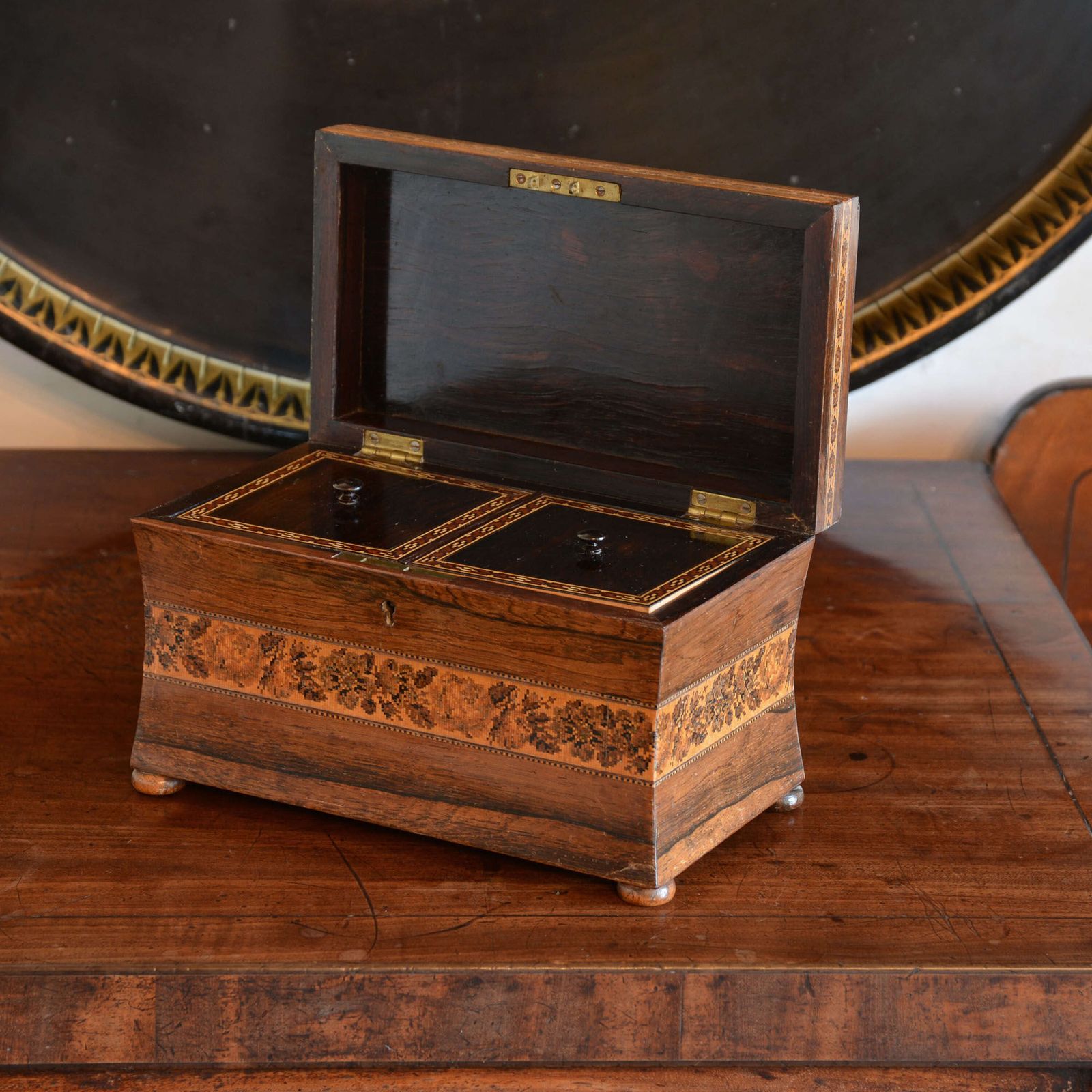 Hever Castle Tunbridge Ware Rosewood Tea Caddy By Henry Hollamby photo for sale