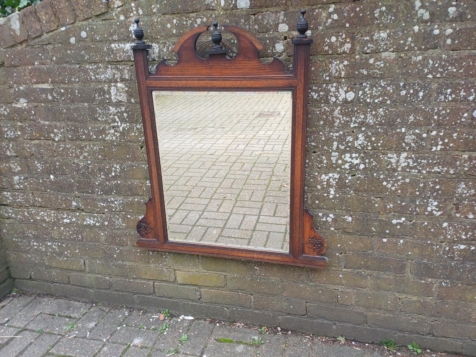 Large Victorian Solid Oak Over Mantel Or Wall Mirror Bevelled Glass Antique Wall Mirror With Fretwork Pediment & Finials