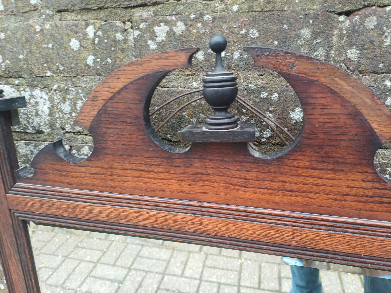 Large Victorian Solid Oak Over Mantel Or Wall Mirror Bevelled Glass Antique Wall Mirror With Fretwork Pediment & Finials photo for sale