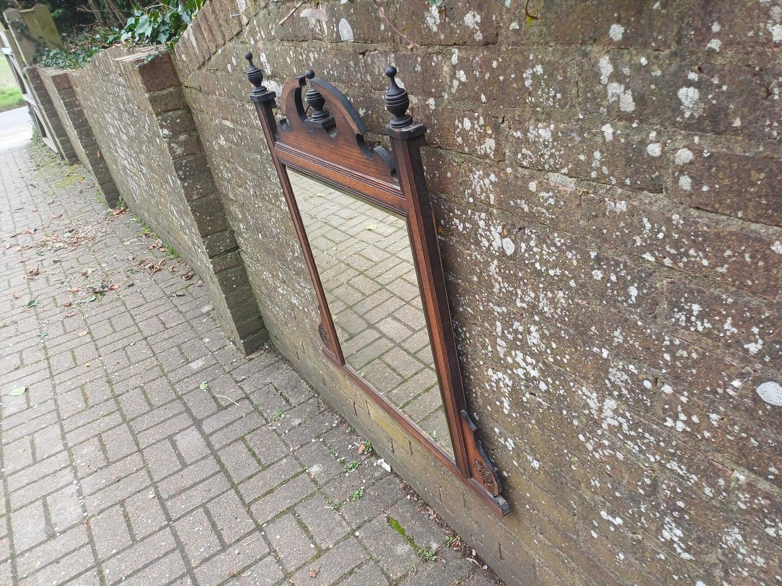 Large Victorian Solid Oak Over Mantel Or Wall Mirror Bevelled Glass Antique Wall Mirror With Fretwork Pediment & Finials photo 475.0