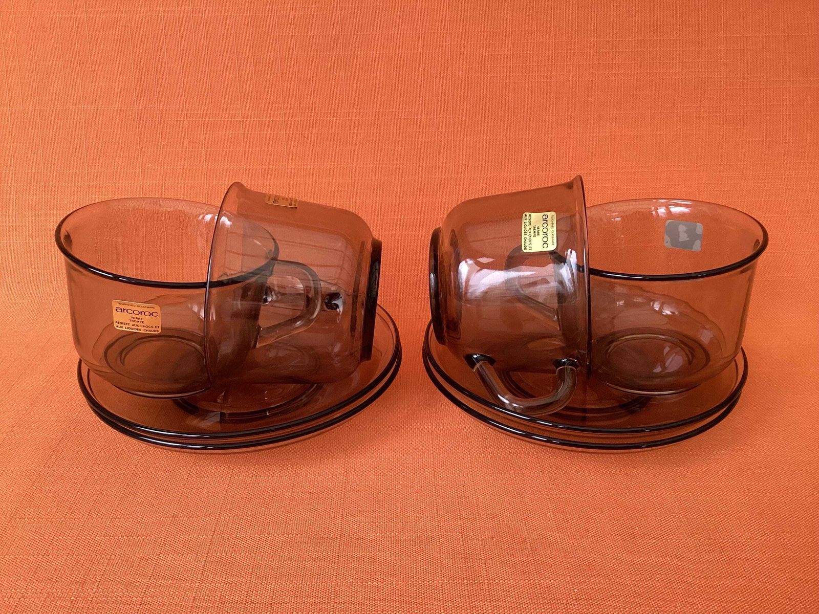 1980s Arcoroc Fumé Smoked Glass Tea Set, Retro French Cups Saucers Plates photo for sale