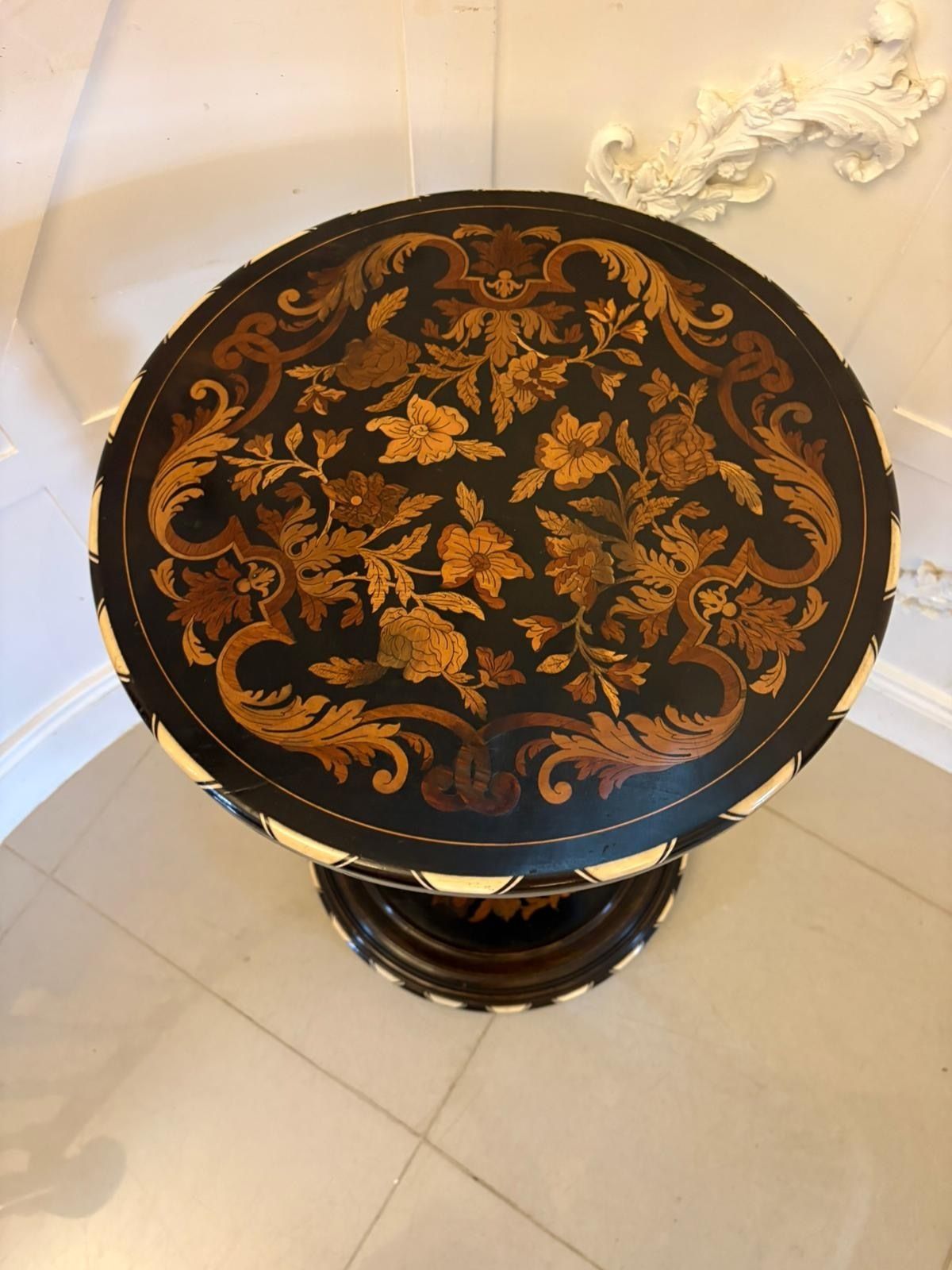 Furniture Quality Antique Italian Ebonised And Marquetry Inlaid Pedestal Occasional Centre Table photo