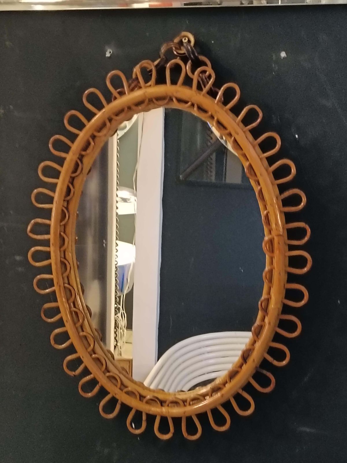 Olaf Von Bohr Style Oval Wall Mirror In Rattan, Italy 1960s. photo vintage