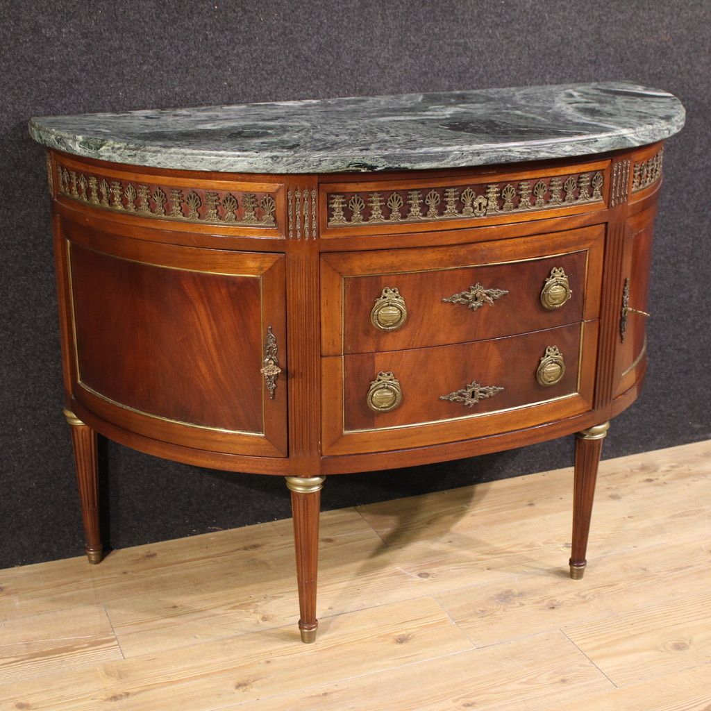 French Louis XVI Style Half Moon Commode With Marble Top