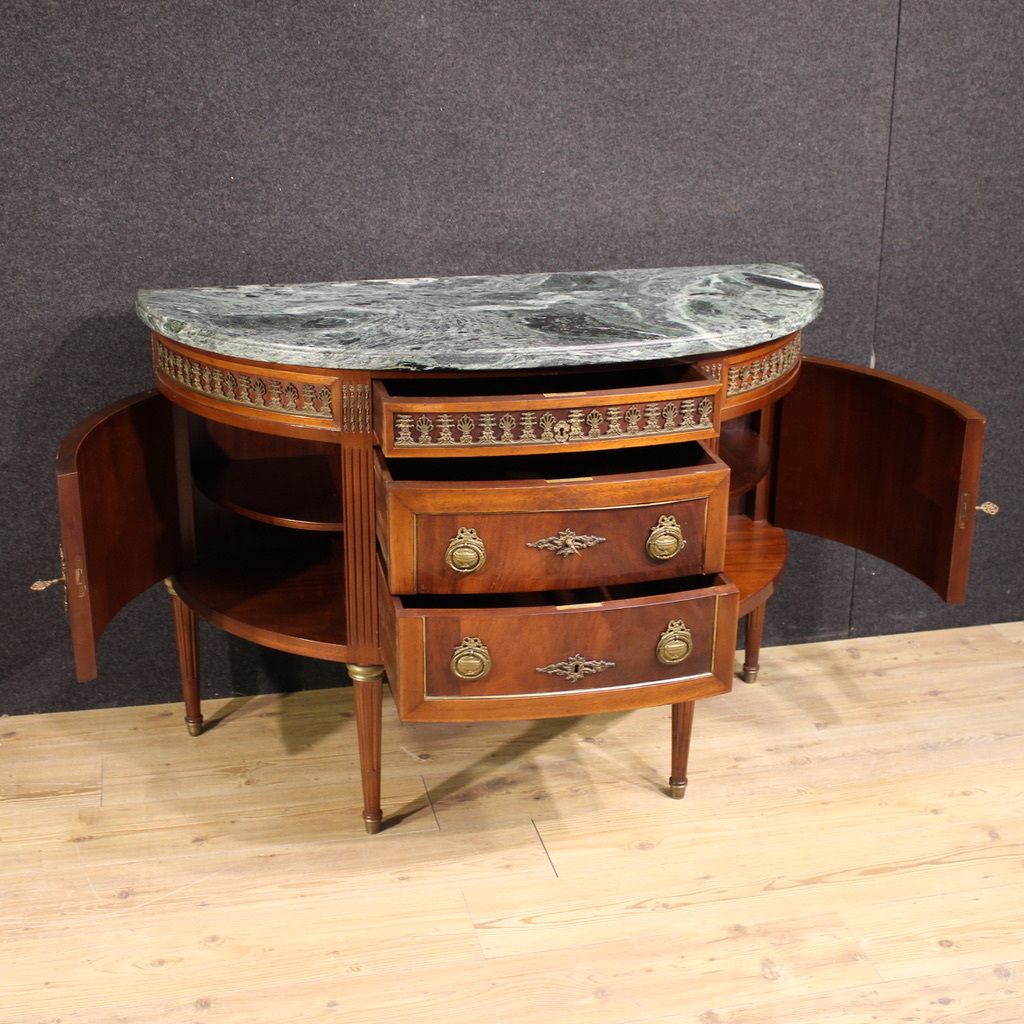 French Louis XVI Style Half Moon Commode With Marble Top photo for sale
