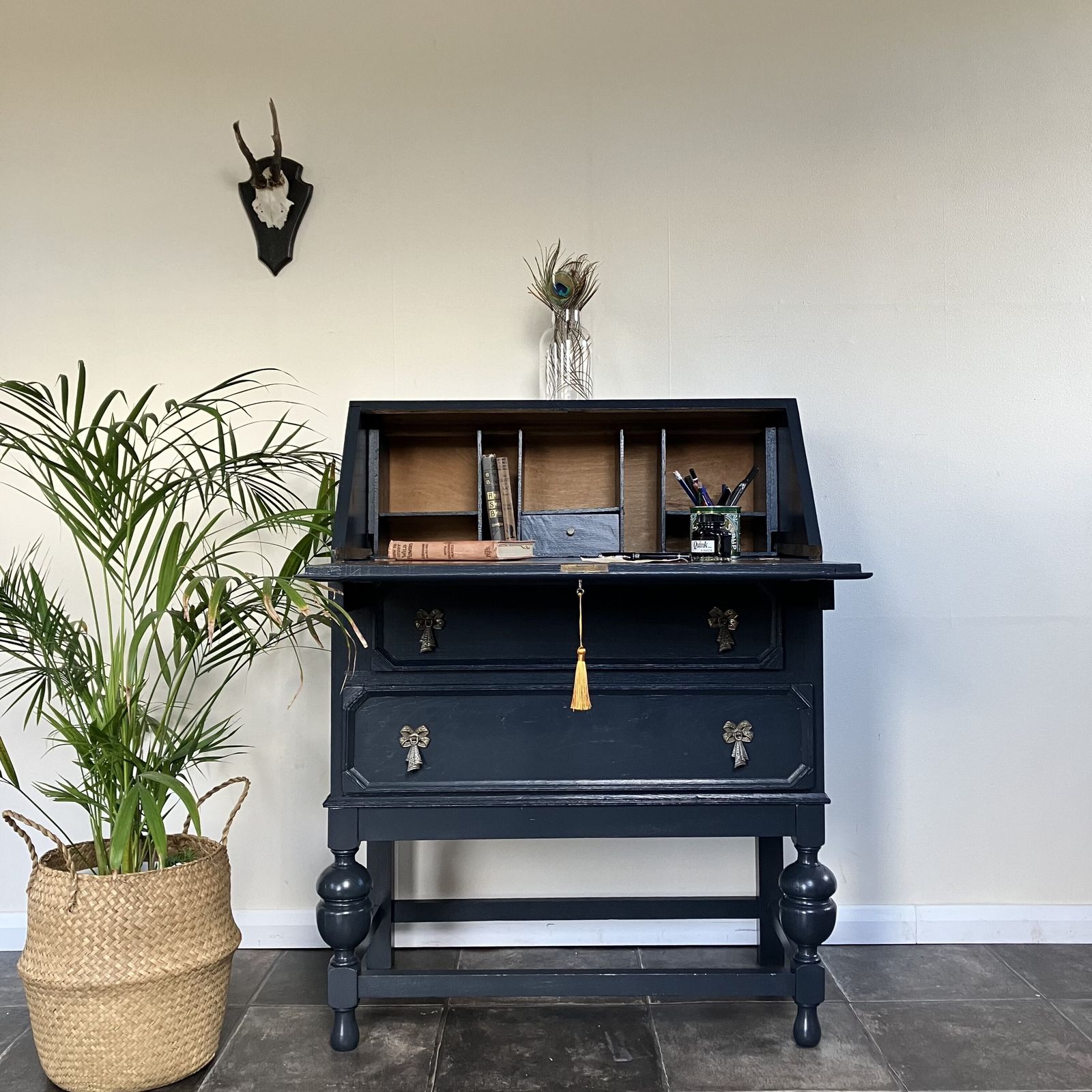 Antique Painted Blueish Black Carved Writing Bureau / Writing Desk / Secretaire; Farrow And Ball Railings photo furniture