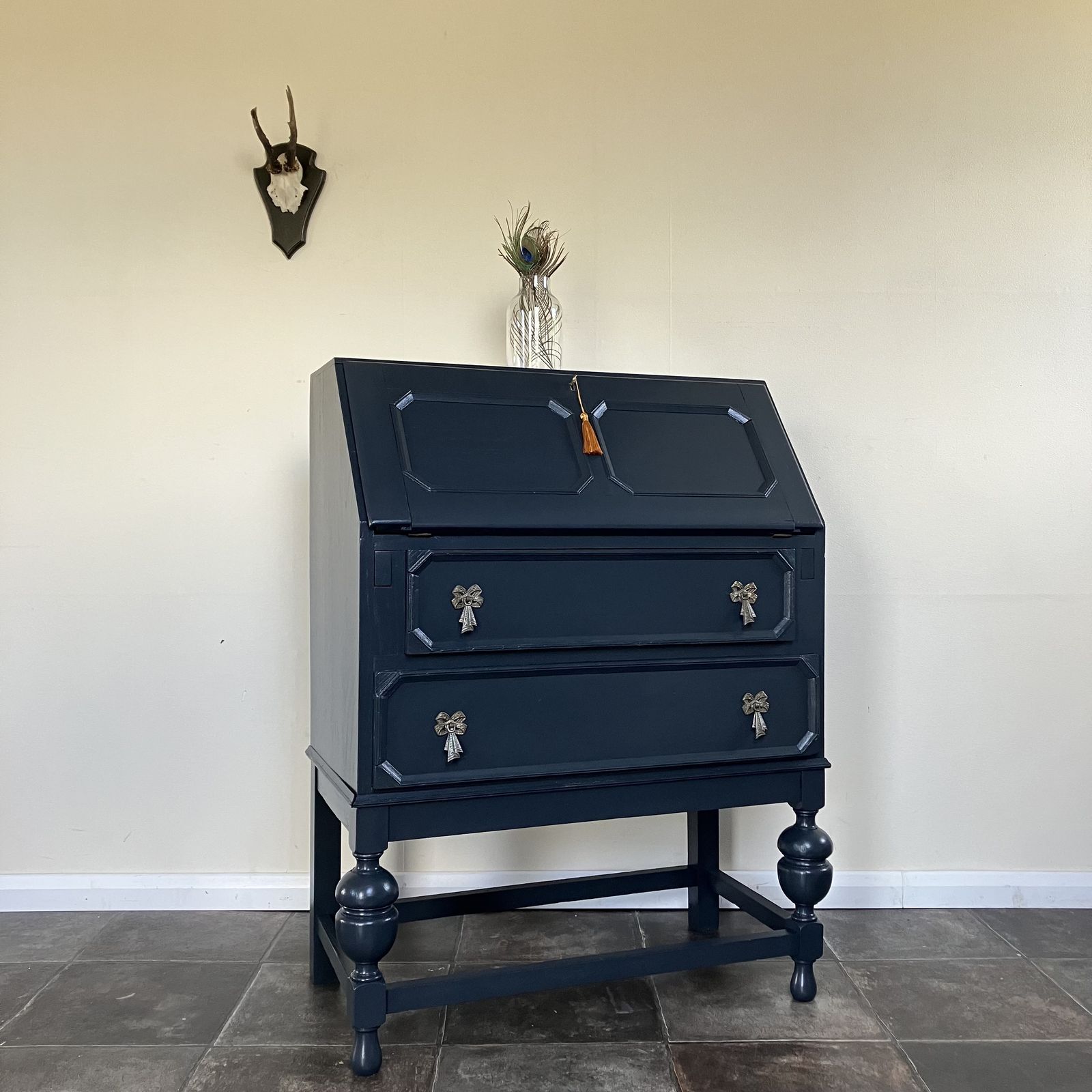 Antique Painted Blueish Black Carved Writing Bureau / Writing Desk / Secretaire; Farrow And Ball Railings photo Furniture