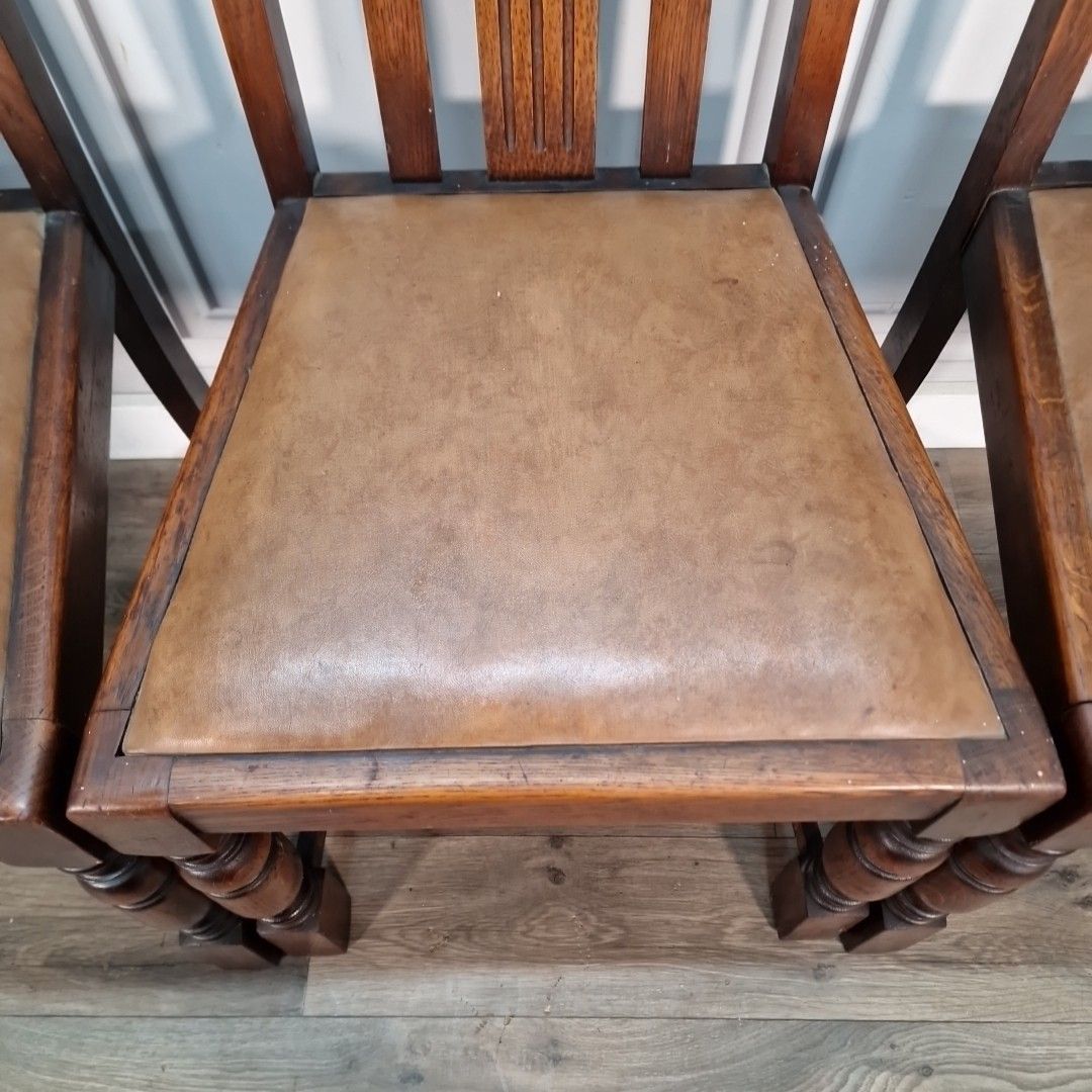 Vintage Oak Dining Chairs Set 4 Solid Wooden Slat Back Faux Leather Seats photo vintage