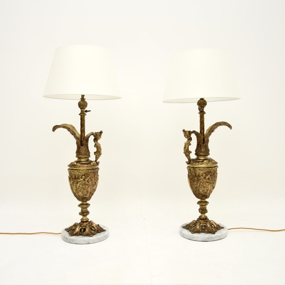 Pair Of Antique French Gilt Metal And Marble Table Lamps