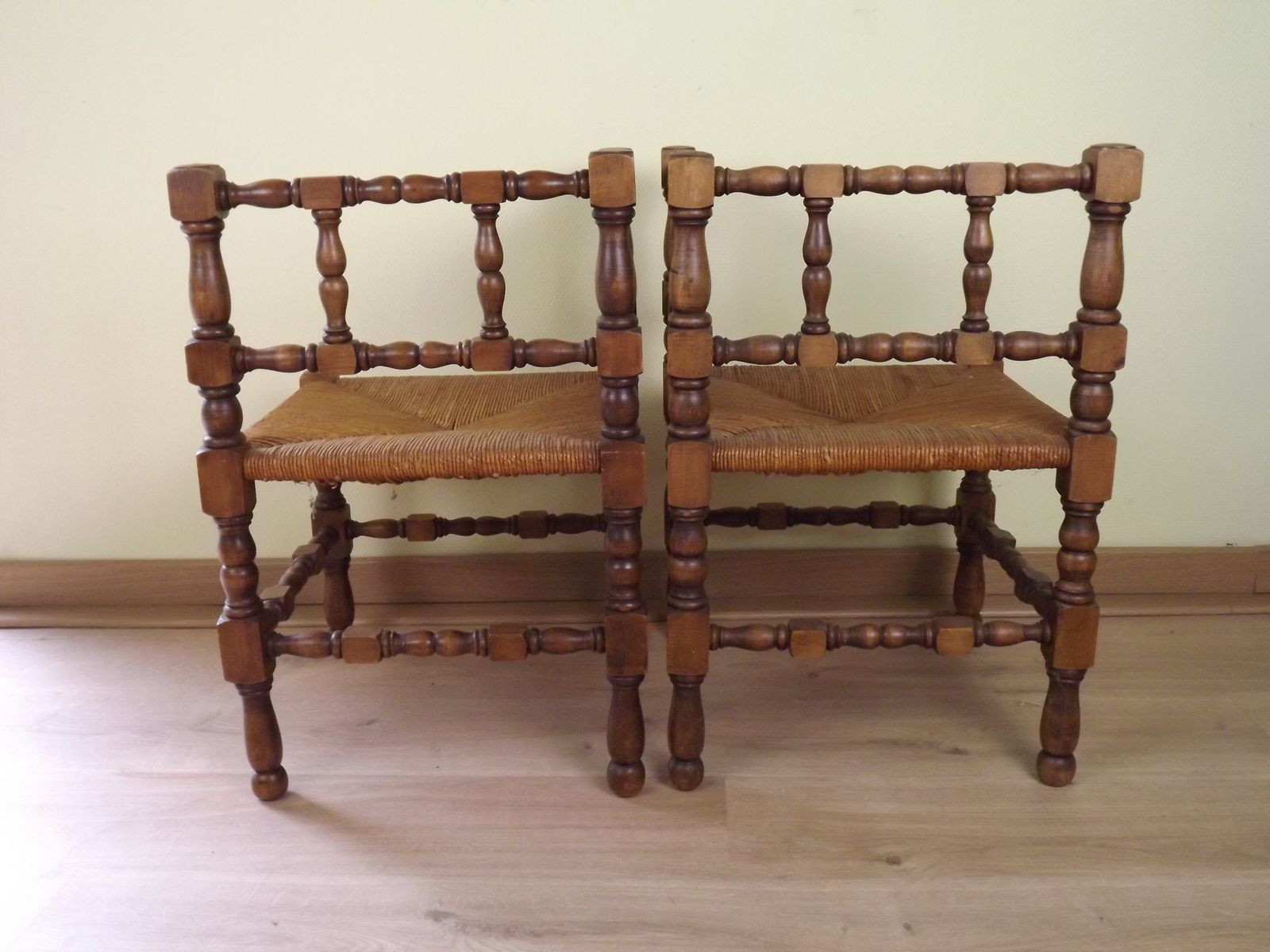 French Antique Turned Wooden Bobbin Chairs With Rush Seats – Matching Pair photo 995.0