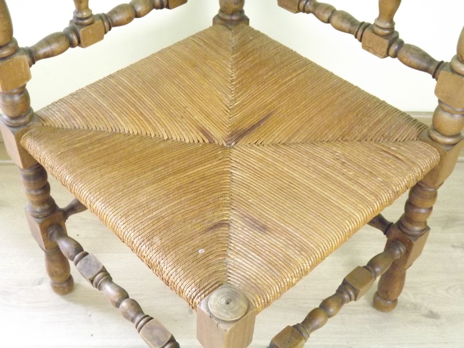 photo buy French Antique Turned Wooden Bobbin Chairs With Rush Seats – Matching Pair