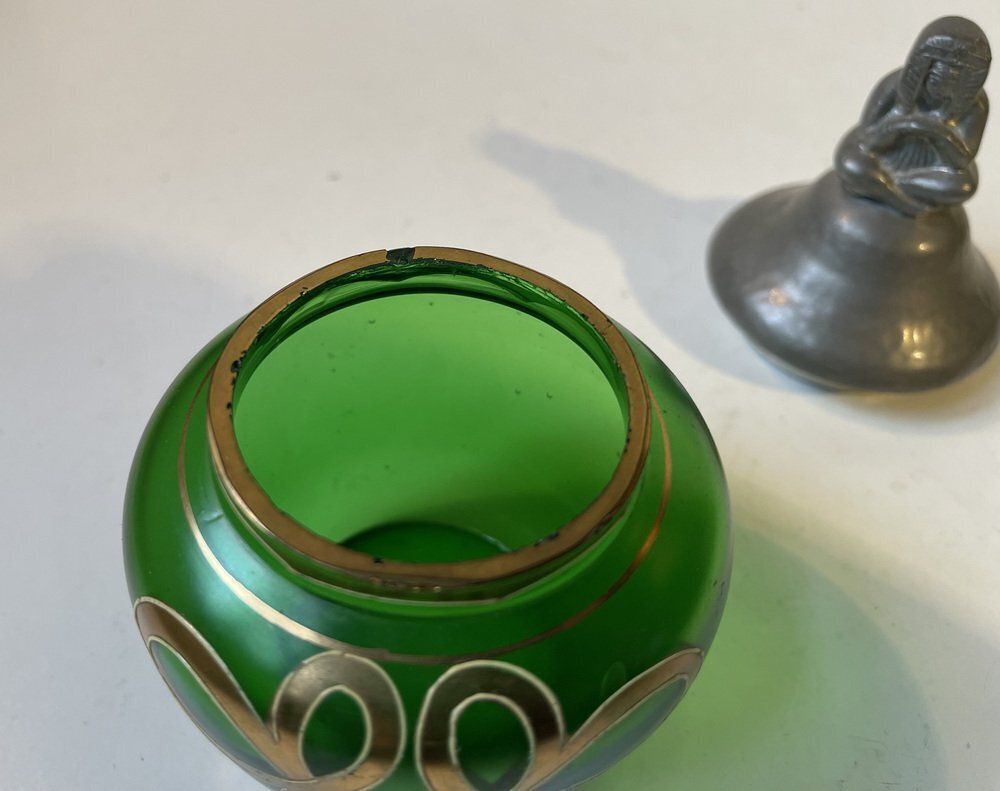 French Jugendstil Vanity Trinket Jar In Green Glass And Pewter, 1890s photo vinterior