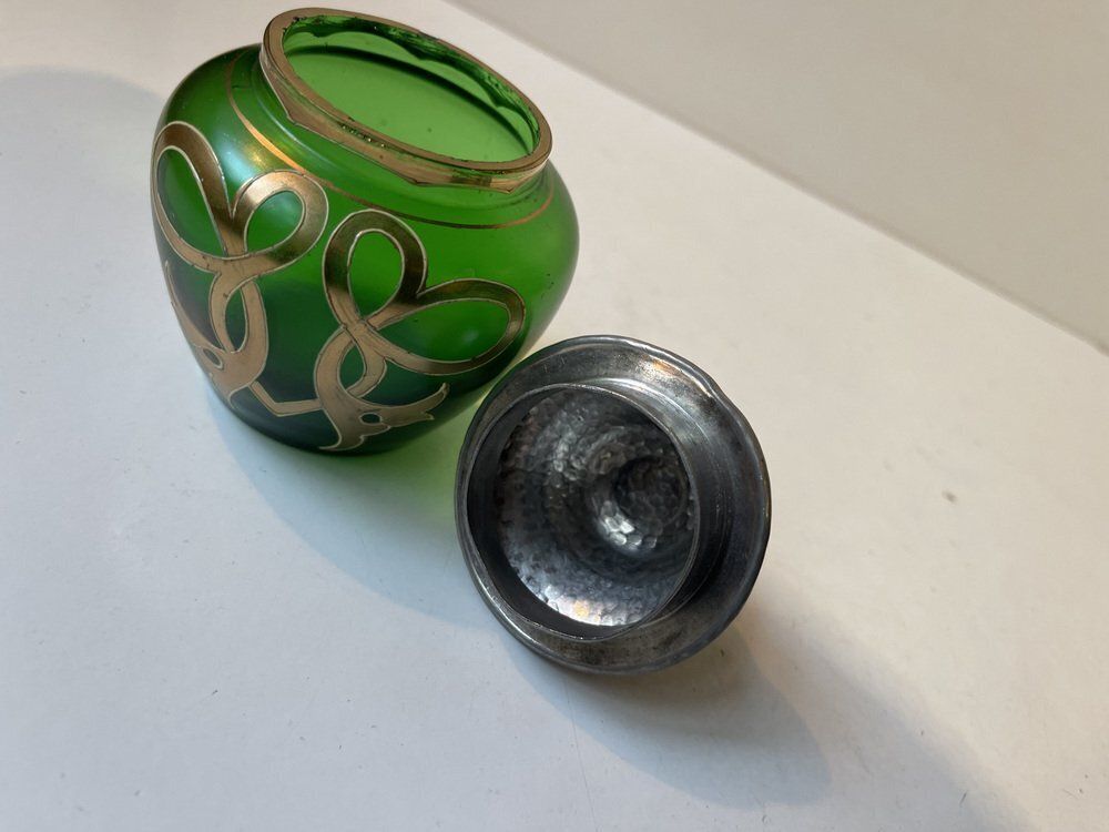 French Jugendstil Vanity Trinket Jar In Green Glass And Pewter, 1890s photo vintage