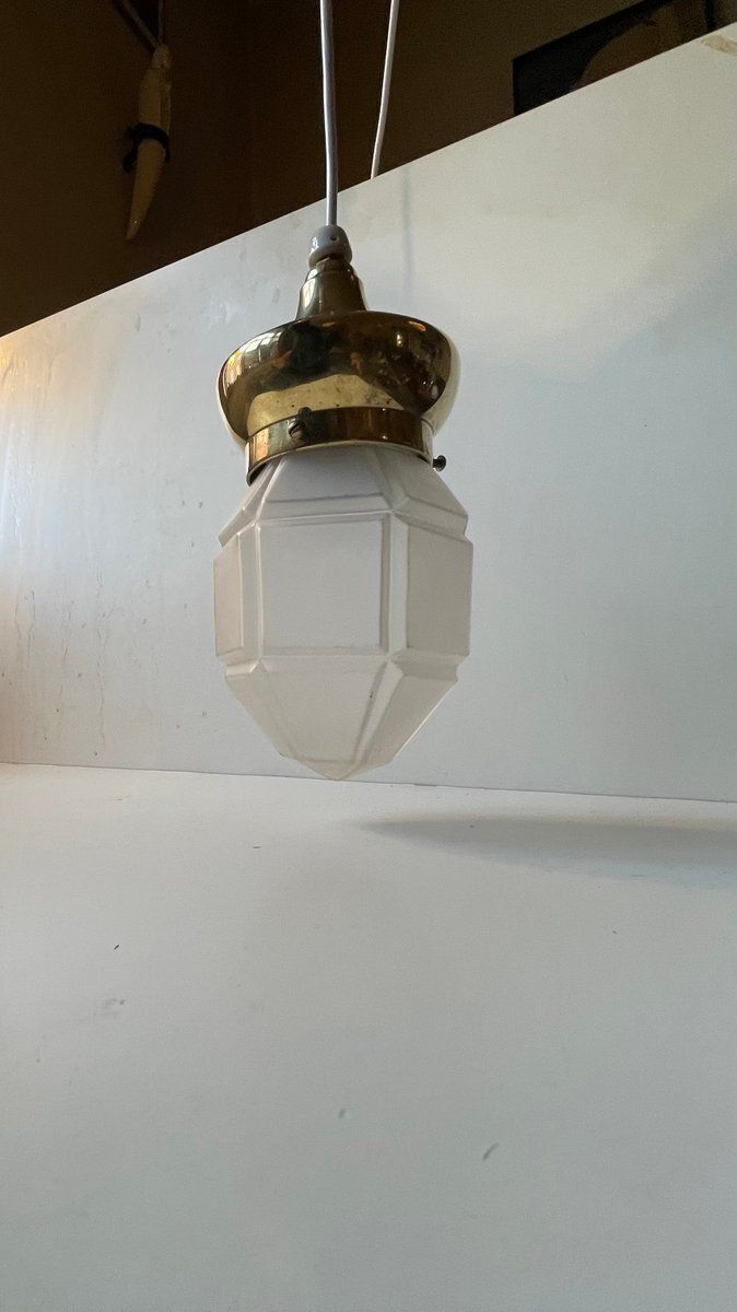 Art Deco Scandinavian Pendant Lamp In Brass And Frosted Glass, 1930s
