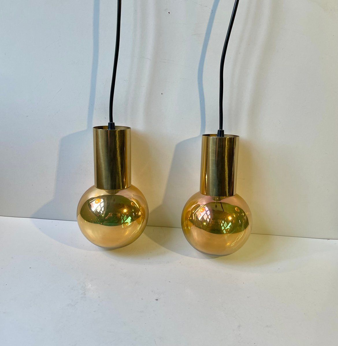 Mid Century Modern Spy Ball Pendant Lamps In Brass From Frimann, 1960s, Set Of 2 photo Lighting