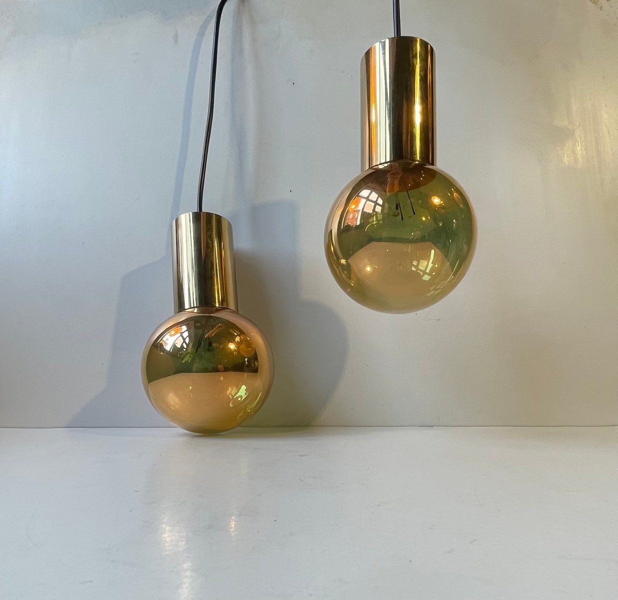 Mid Century Modern Spy Ball Pendant Lamps In Brass From Frimann, 1960s, Set Of 2 photo buy