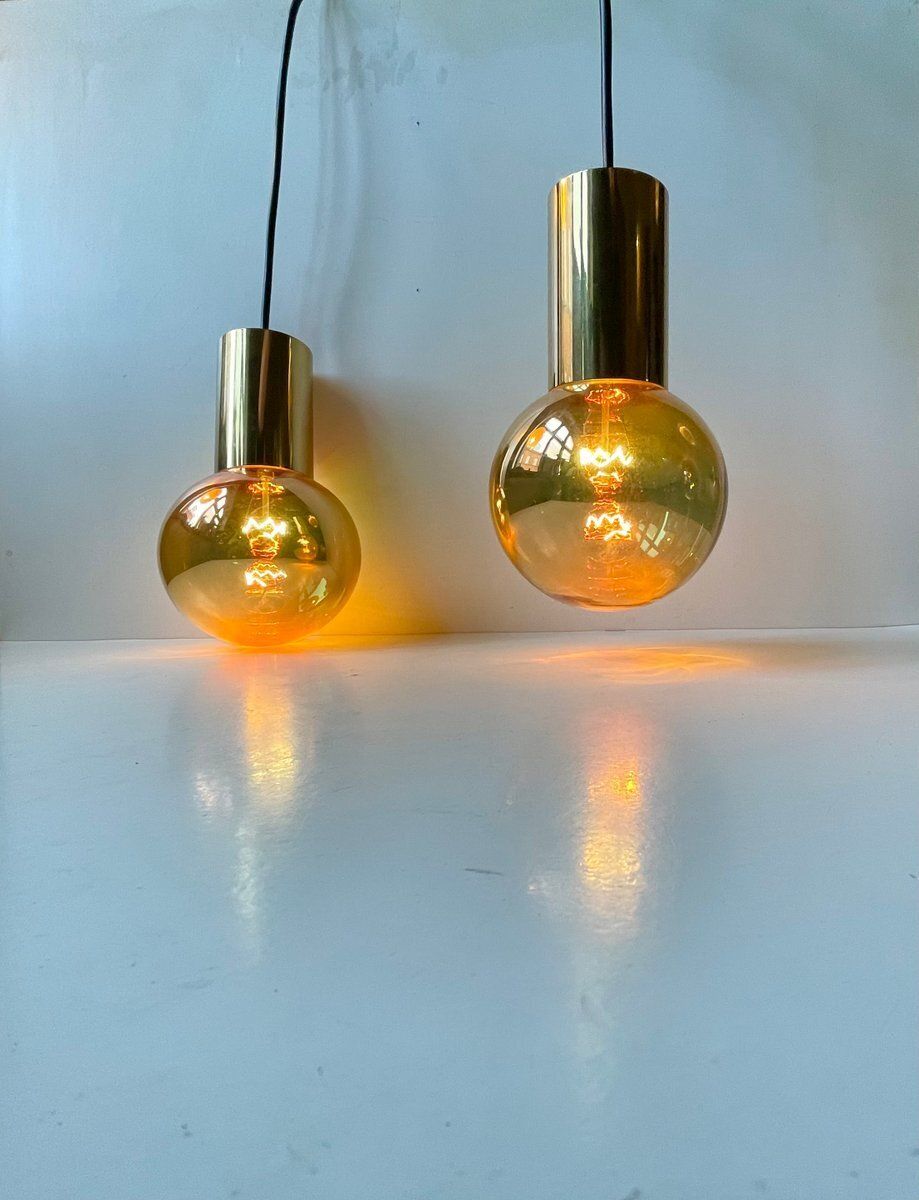 Mid Century Modern Spy Ball Pendant Lamps In Brass From Frimann, 1960s, Set Of 2 photo vintage