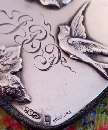 George Shiebler Chatelaine Silver Pin Cushion   Exquisite Rare Antique With Love Birds photo for sale