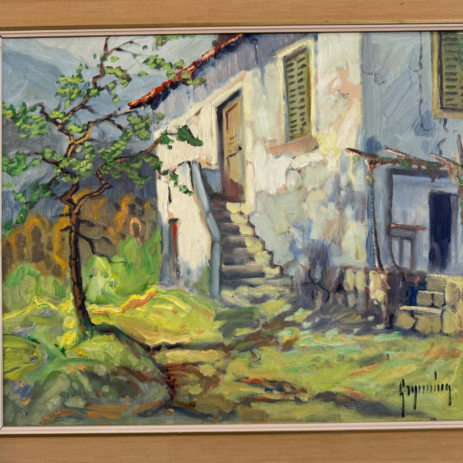 Zonnig Italiaans Binnenplein, Jaren 1950. Groot Vintage Olieverfschilderij Van Evert Grynning photo furniture