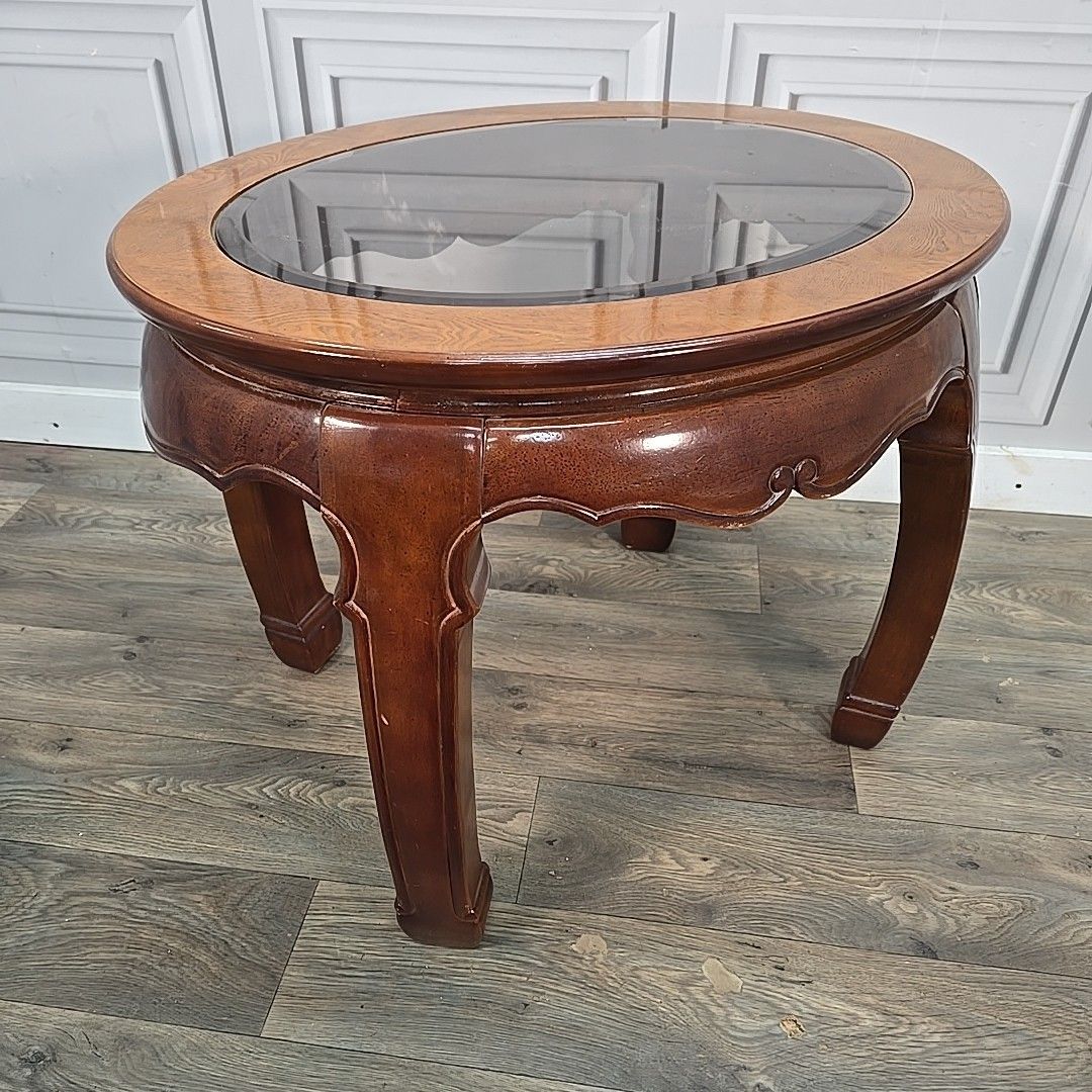 photo vinterior Vintage Oval Coffee Table Glass Top Carved Wooden Side Ming Style Oriental
