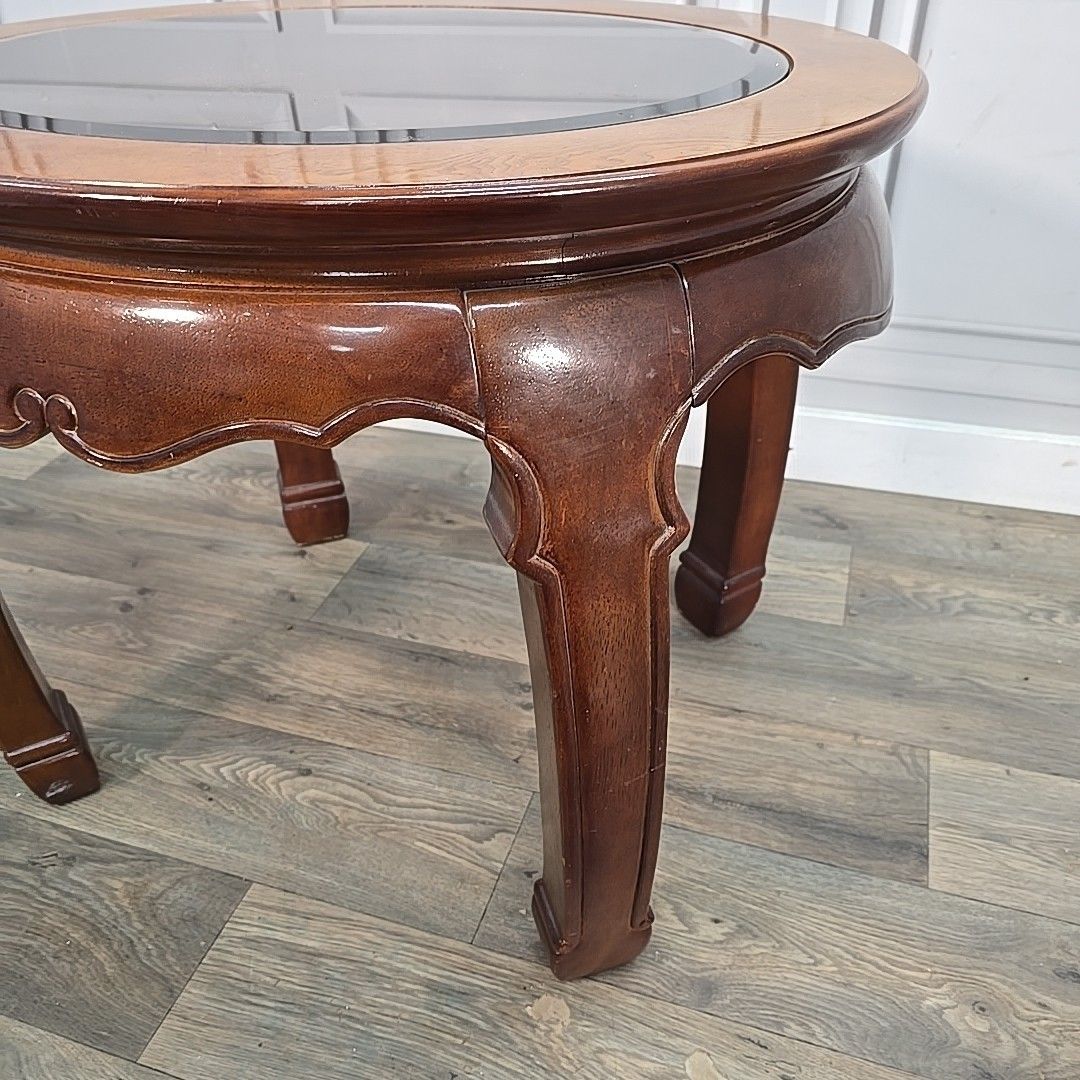 photo buy Vintage Oval Coffee Table Glass Top Carved Wooden Side Ming Style Oriental