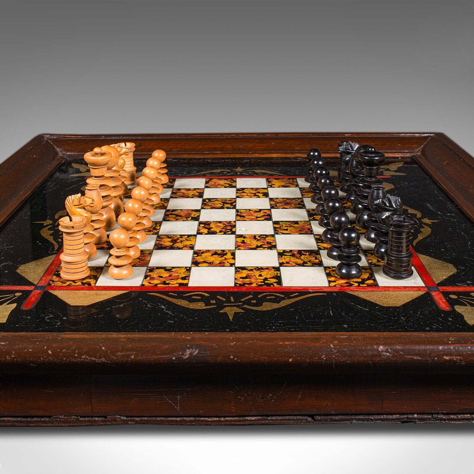Antique Chess Board Set, English Painted Glass, Pine, Parlour Game, Edwardian photo 1004.0