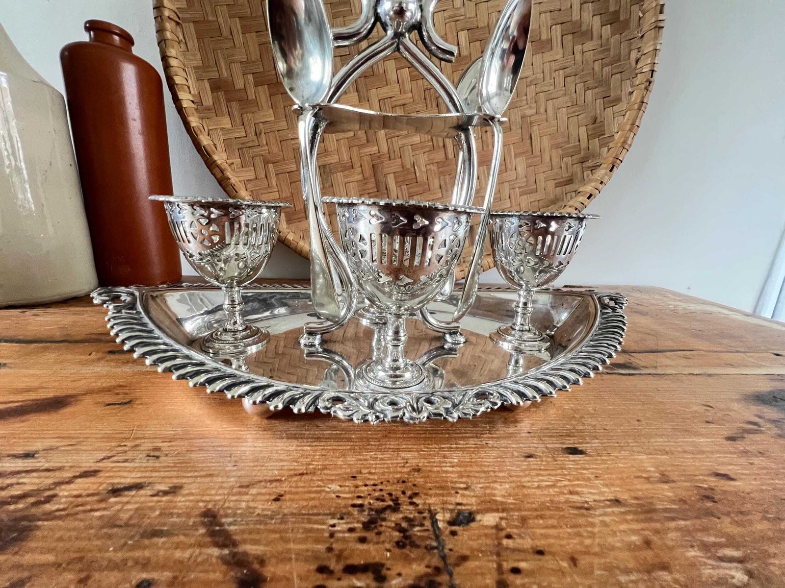 Antique Pierced Silver Plate Egg Caddy John Batt & Sons, Sheffield Epns Ornate 4 Cup Cruet Set With Spoons, Victorian Breakfast Table Decor photo for sale