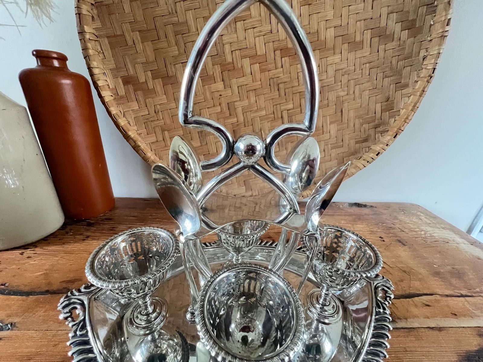 Antique Pierced Silver Plate Egg Caddy John Batt & Sons, Sheffield Epns Ornate 4 Cup Cruet Set With Spoons, Victorian Breakfast Table Decor photo Home Decor