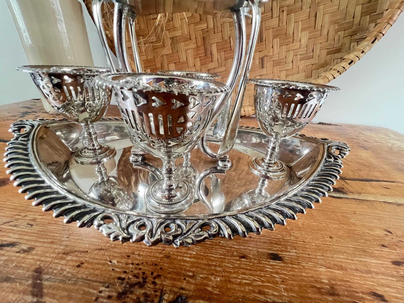 photo furniture Antique Pierced Silver Plate Egg Caddy John Batt & Sons, Sheffield Epns Ornate 4 Cup Cruet Set With Spoons, Victorian Breakfast Table Decor