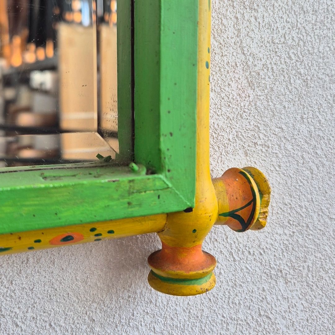 Folk Art Painted Mirror: Unique Early 20th Century Faux Bamboo Turned Wooden Frame W/ Bevelled Glass photo for sale