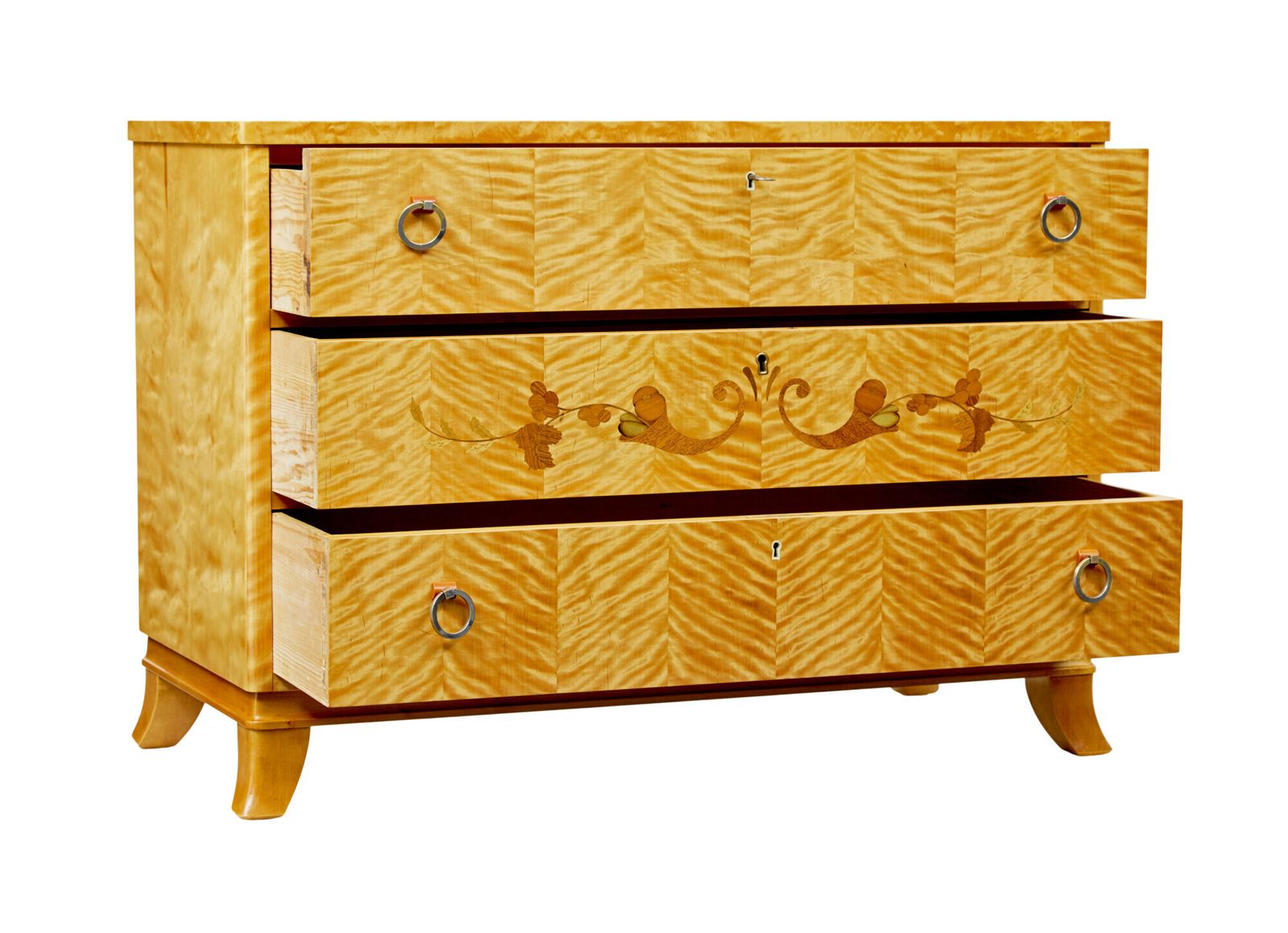 photo for sale Swedish Mid Century Inlaid Birch Chest Of Drawers.