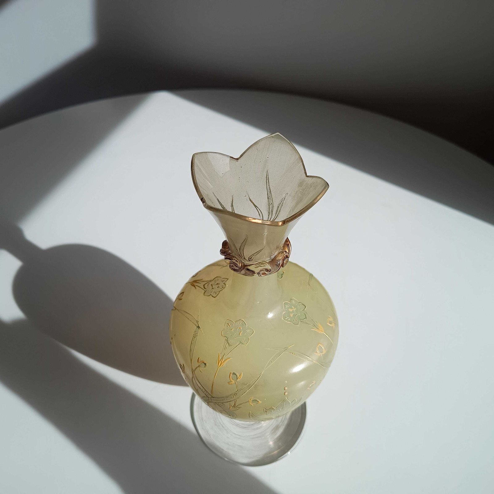Antique Harrach Belle Epoque Japonisme Gold Paste Enamel Glass Vase: Quatrefoil Geometric Mouth. photo Home Decor